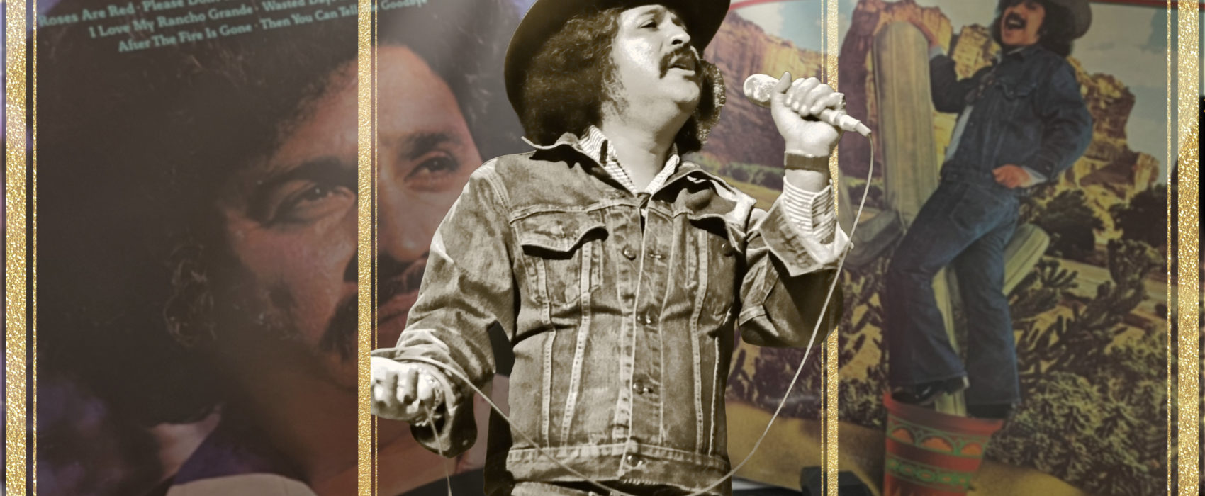 A collage of Freddy Fender singing against a golden backdrop of his albums