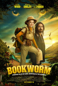 The official poster for Bookworm shows a young actress dressed for an adventure and Elijah wood looking a bit suspiciously at her.