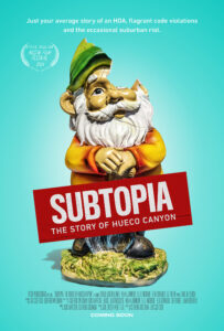 The SUBTOPIA poster shows a garden gnome with a broken face on a teal background.