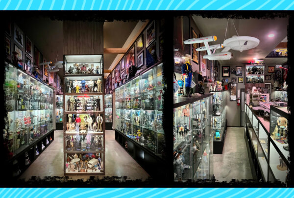 A collage of two photos of the museum look down two aisles showing display cases filled with action figures and other toys.